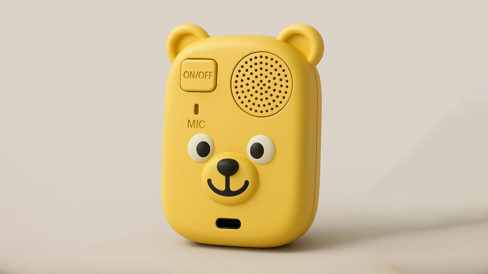 A digital render of a colourful, 3D-printed bear-shaped device featuring built-in speakers and controls, designed to help children practise clear speech through interactive feedback.