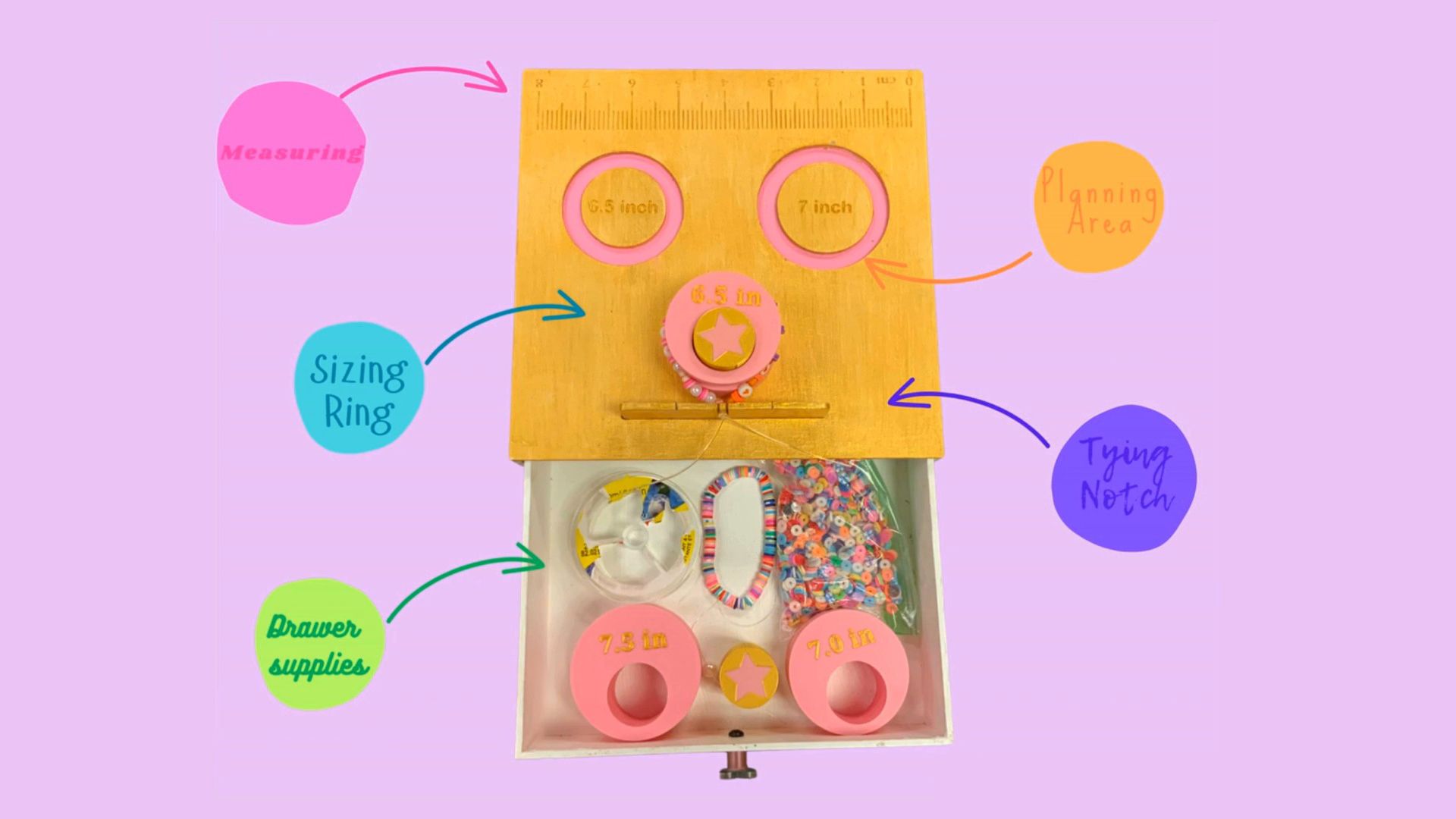 Flat lay image of a 3D printed bracelet maker station.