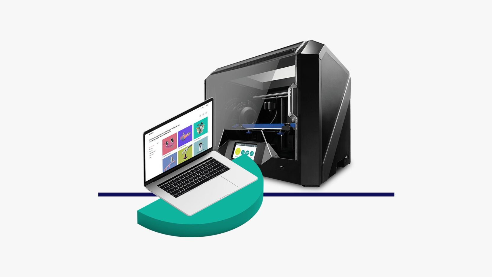 Dremel 3D45 3D printer beside a laptop displaying the PrintLab 3D printing curriculum.