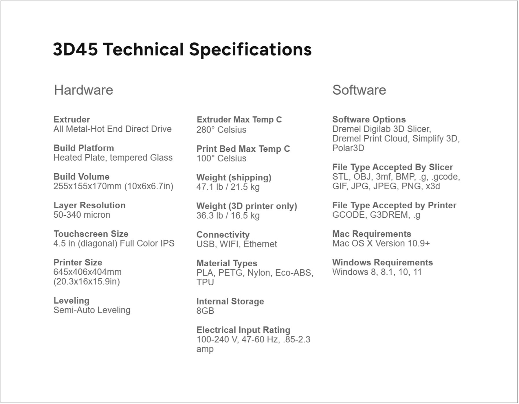 Tech spec sheet for the Dremel 3D45 3D printer
