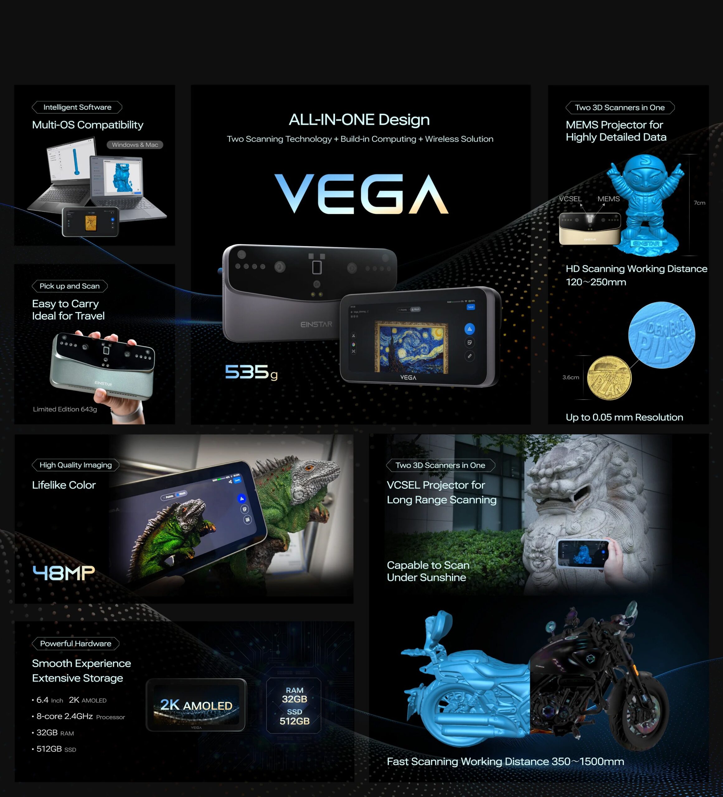 Poster of all key features of the EINSTAR VEGA 3D scanner.