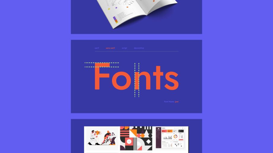 A collage of three thumbnails from PrintLab’s Product Branding Course, showing examples of line diagrams, font selections, and colour palettes used to create a cohesive visual identity.