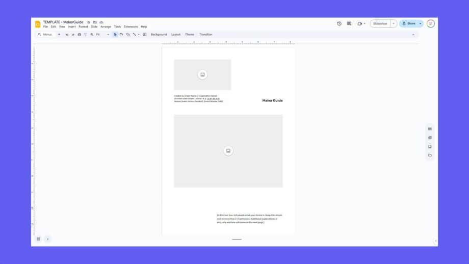 A screenshot of PrintLab’s Google Slides MakerGuide template displayed on a purple background, showing the cover page layout for documenting and sharing open source designs.